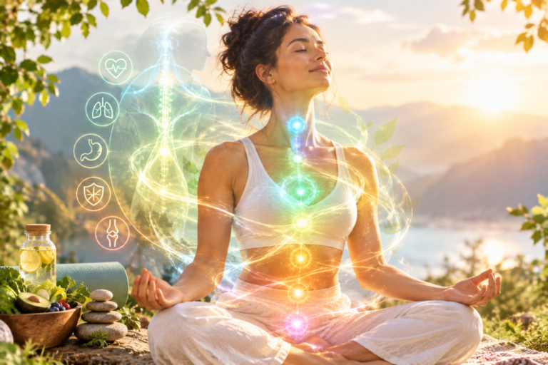 Woman meditating in nature with glowing energy representing physical wellness