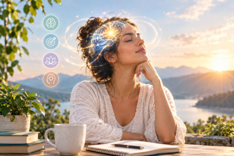 practicing mindfulness with glowing energy around her head overlooking a peaceful mountain lake