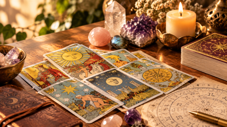 Tarot cards, crystals, candle, and astrology chart arranged on a wooden table