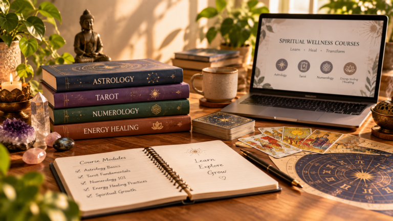 Astrology and spiritual wellness study materials with crystals, zodiac chart, and candle