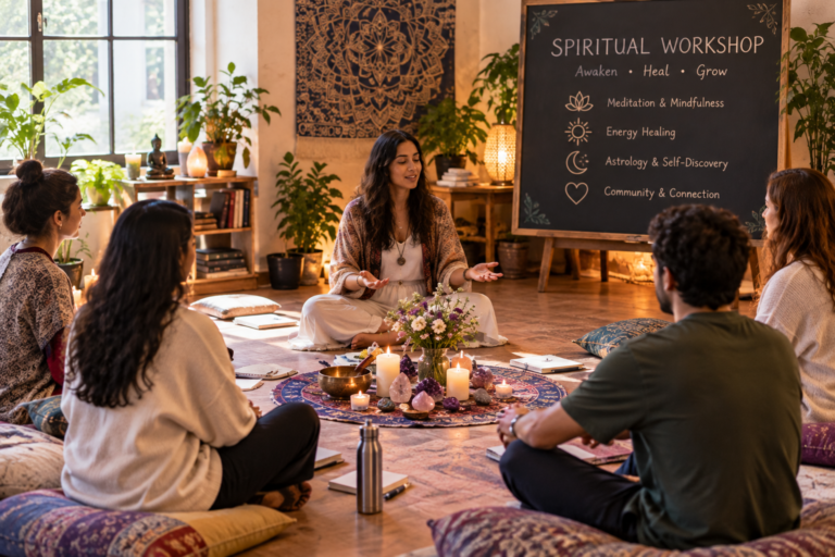 Spiritual workshop with a facilitator guiding a small group in a peaceful meditation space