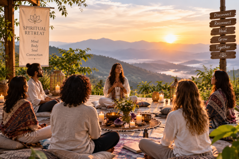 Group meditating together at a peaceful mountain spiritual retreat during sunset