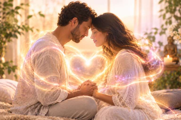 Couple meditating together surrounded by glowing energy symbolizing relationship healing