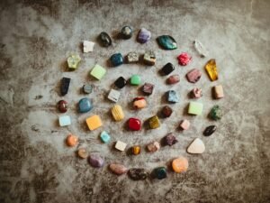 Crystals arranged in a chakra spiral