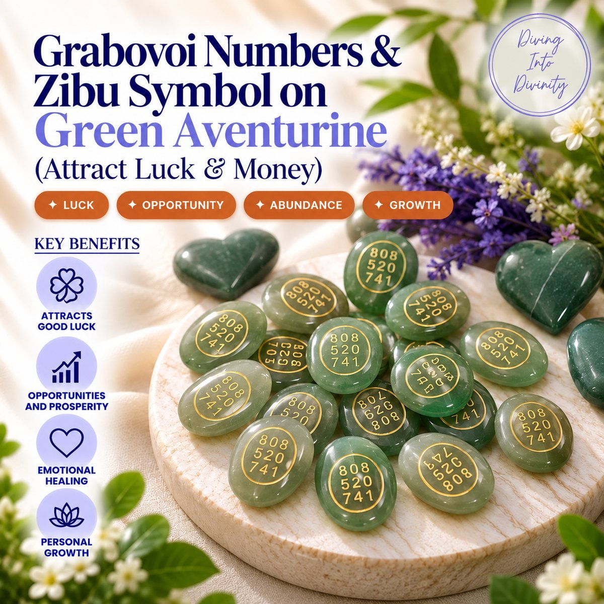 Grabovoi Numbers & Zibu Symbol on Green Aventurine – Diving Into Divinity